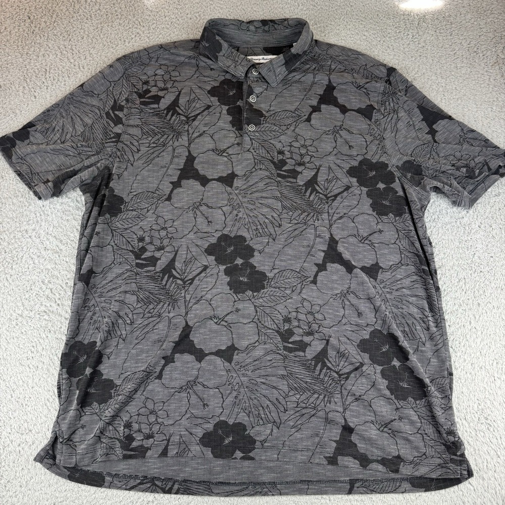 Tommy Bahama Polo Shirt‎ Mens XXL Gray Tropical Floral Print Short Sleeve Casual